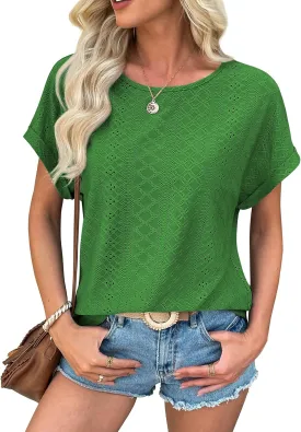 ATHMILE Womens Tops 2025 Casual Crew Neck Eyelet Embroidery Summer Blouse Cap Sleeve Loose Trendy T Shirts