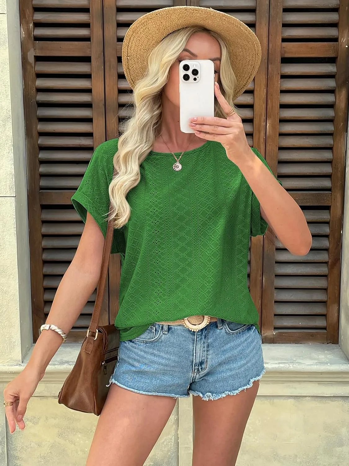 ATHMILE Womens Tops 2025 Casual Crew Neck Eyelet Embroidery Summer Blouse Cap Sleeve Loose Trendy T Shirts