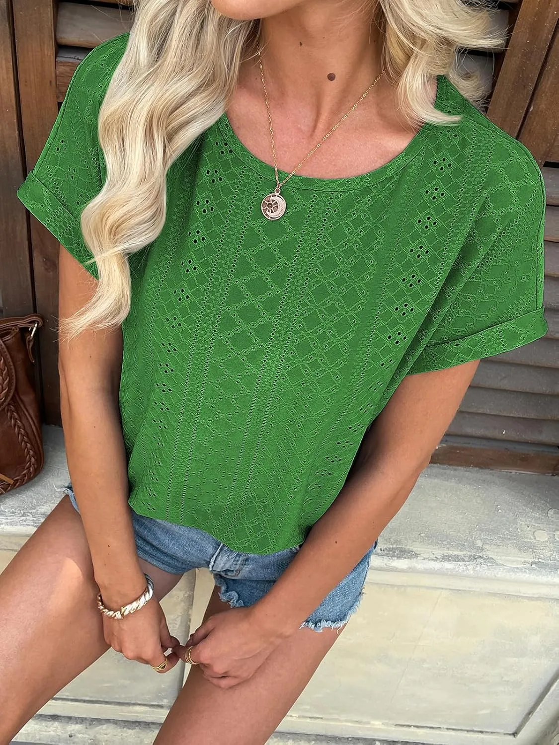 ATHMILE Womens Tops 2025 Casual Crew Neck Eyelet Embroidery Summer Blouse Cap Sleeve Loose Trendy T Shirts