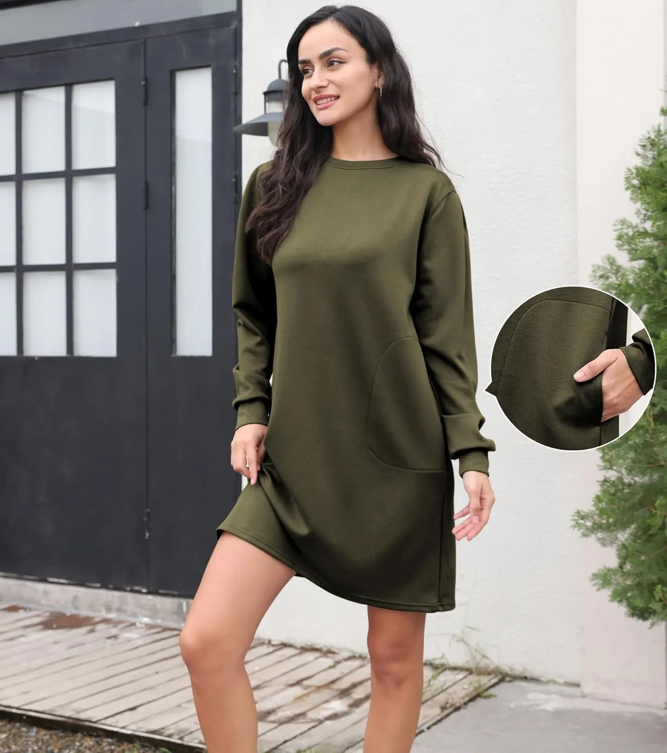 Casual Long Sleeve Sweatshirt Dress Women Air Essentials Crew Neck Dress Tunic Tops with Pockets