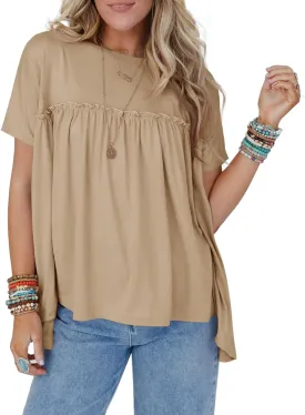 Cicy Bell Women Summer Babydoll Tops Pleated Short Sleeve Crew Neck Peplum Blouse Casual Loose Fit T Shirts