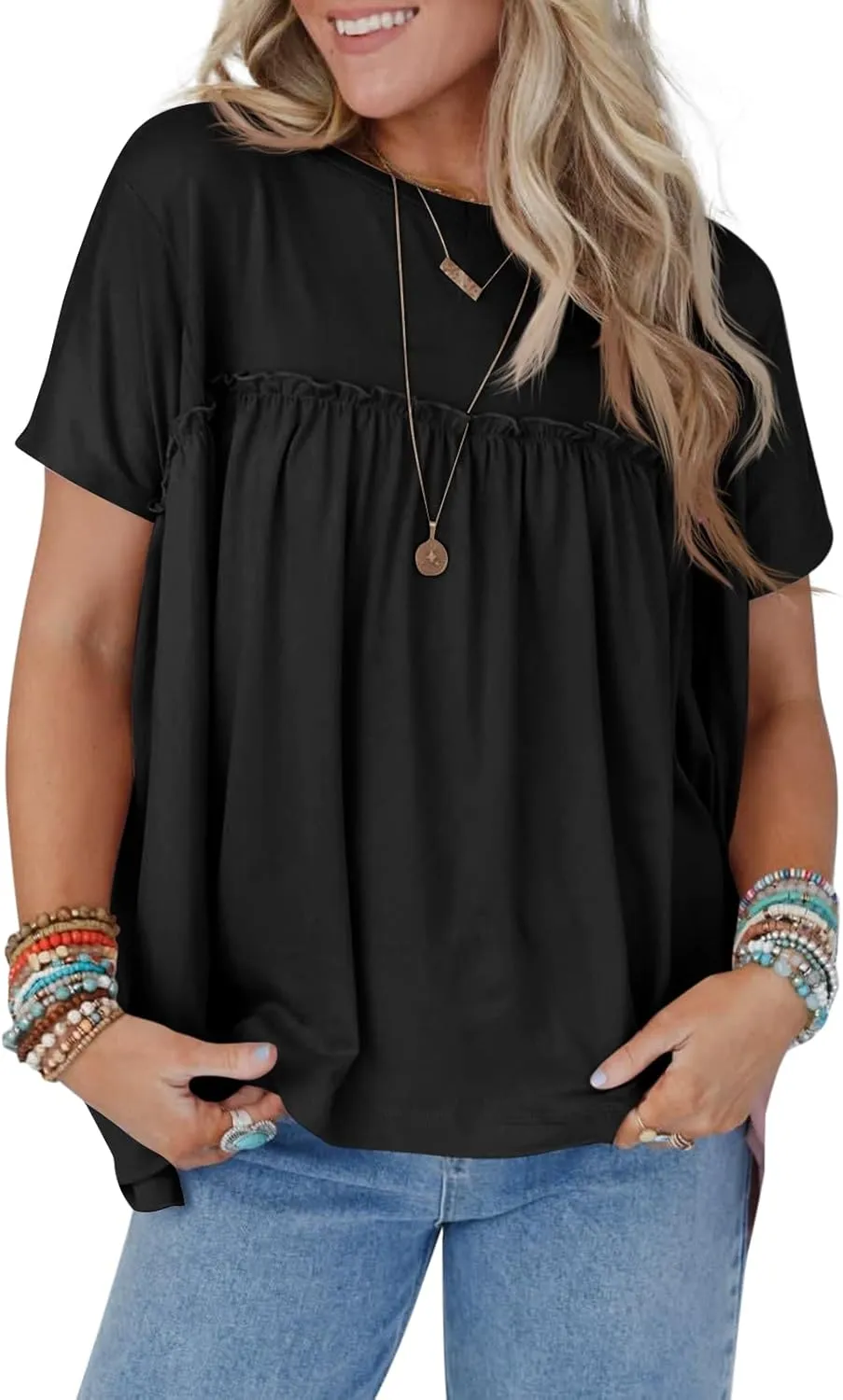 Cicy Bell Women Summer Babydoll Tops Pleated Short Sleeve Crew Neck Peplum Blouse Casual Loose Fit T Shirts