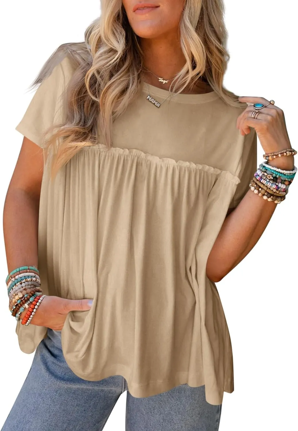 Cicy Bell Women Summer Babydoll Tops Pleated Short Sleeve Crew Neck Peplum Blouse Casual Loose Fit T Shirts