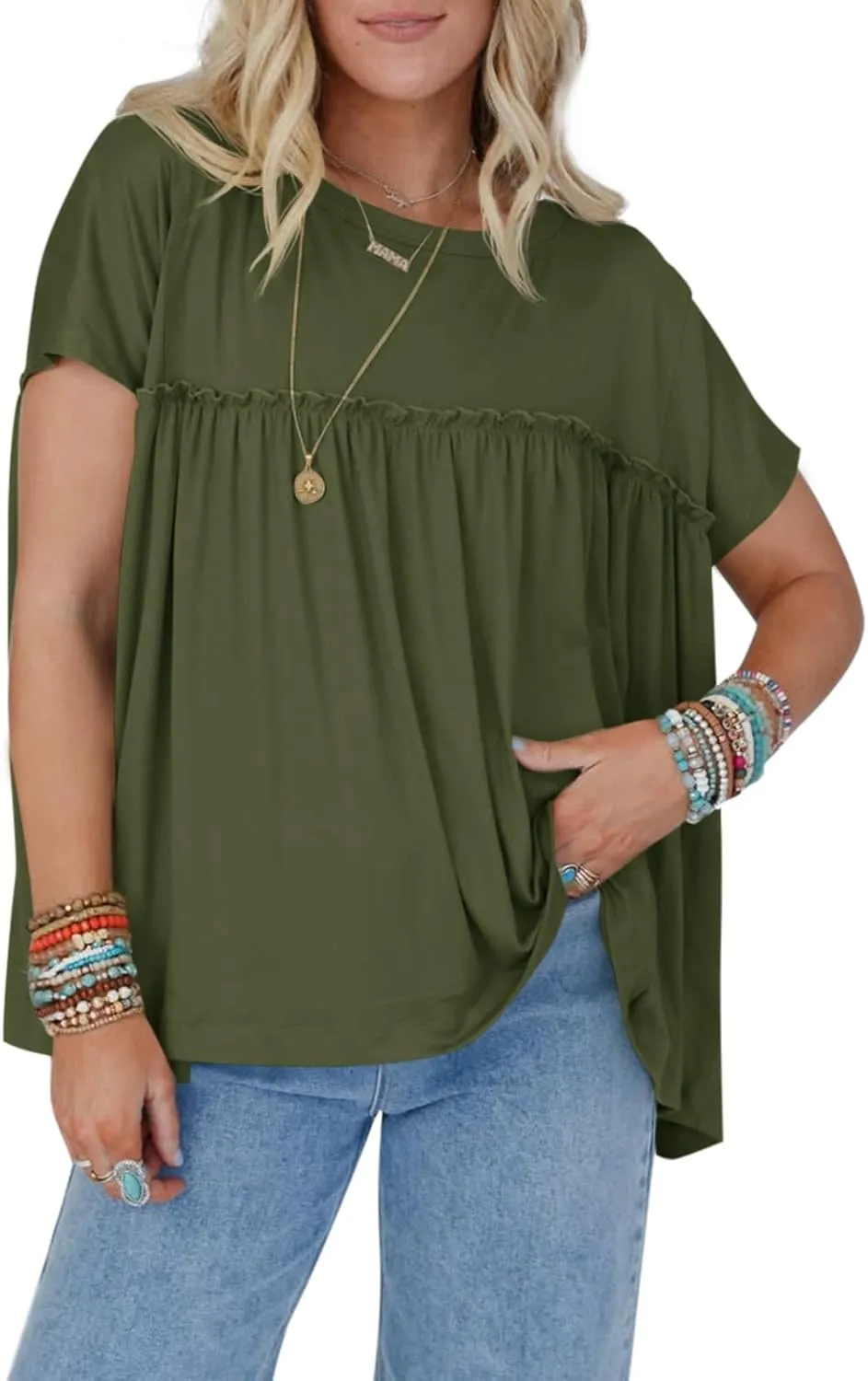 Cicy Bell Women Summer Babydoll Tops Pleated Short Sleeve Crew Neck Peplum Blouse Casual Loose Fit T Shirts