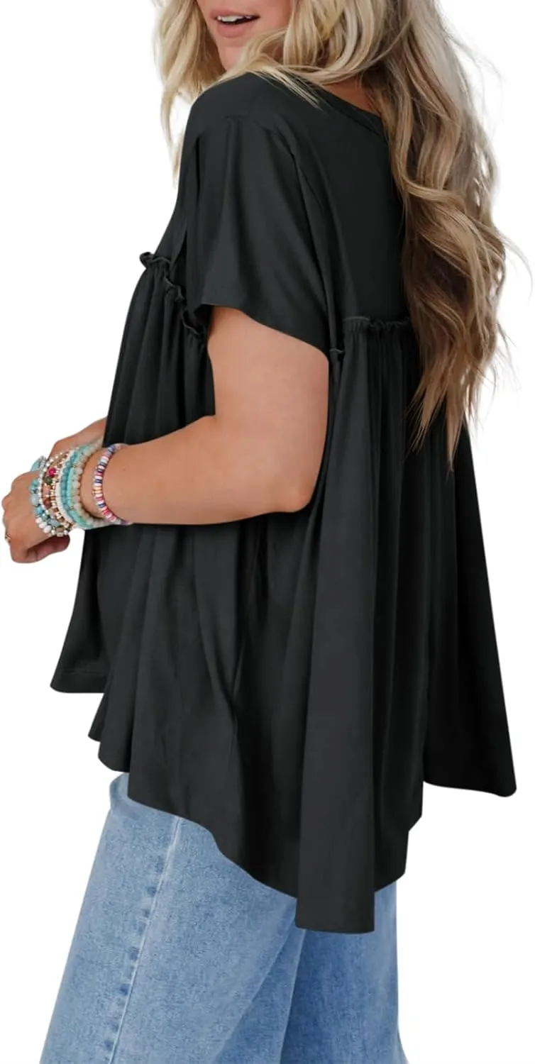 Cicy Bell Women Summer Babydoll Tops Pleated Short Sleeve Crew Neck Peplum Blouse Casual Loose Fit T Shirts