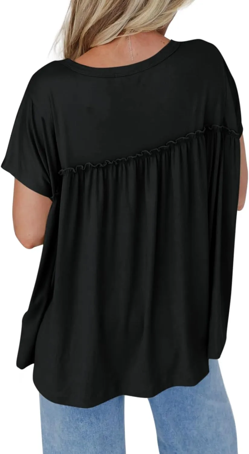 Cicy Bell Women Summer Babydoll Tops Pleated Short Sleeve Crew Neck Peplum Blouse Casual Loose Fit T Shirts
