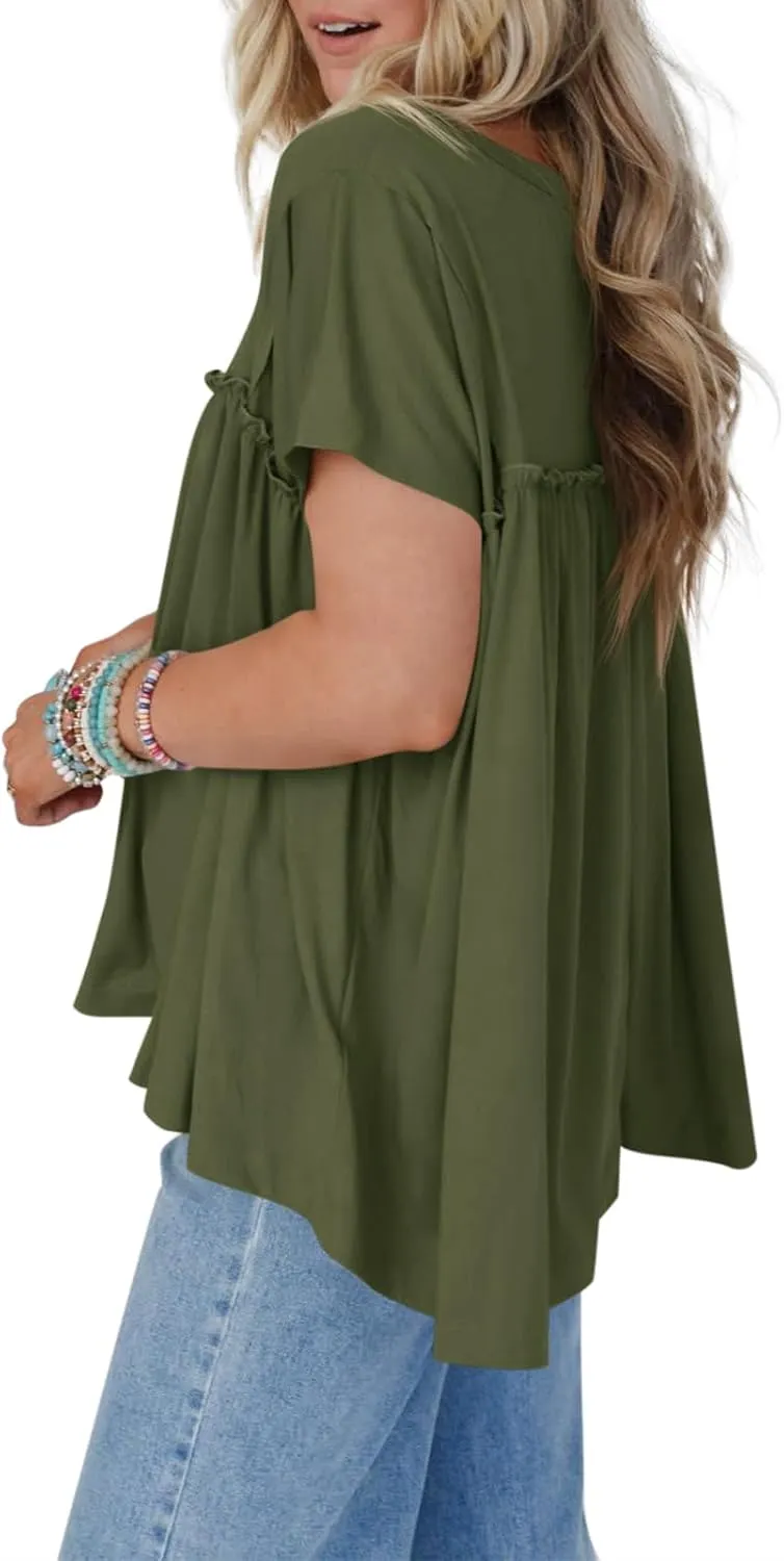 Cicy Bell Women Summer Babydoll Tops Pleated Short Sleeve Crew Neck Peplum Blouse Casual Loose Fit T Shirts