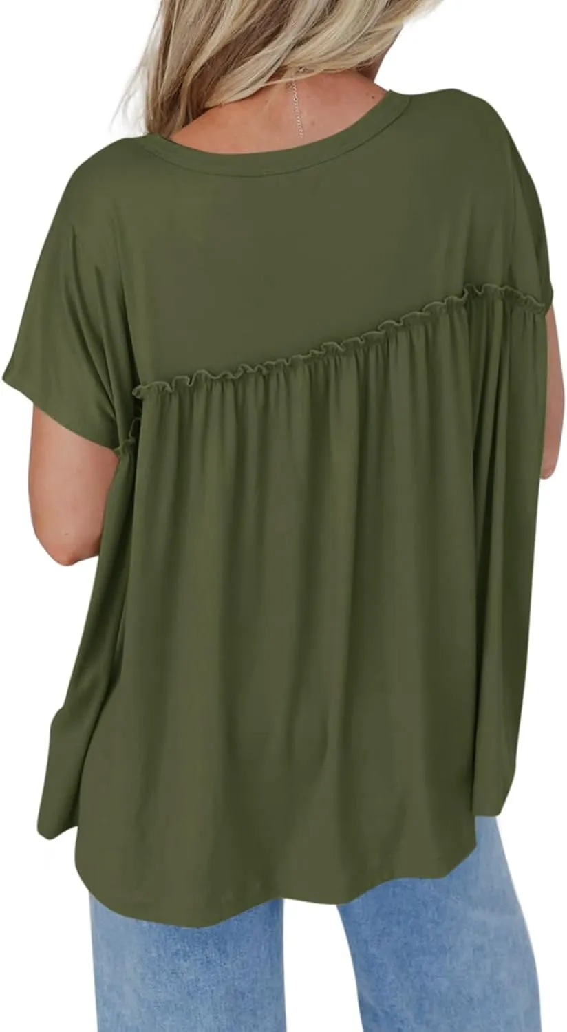 Cicy Bell Women Summer Babydoll Tops Pleated Short Sleeve Crew Neck Peplum Blouse Casual Loose Fit T Shirts