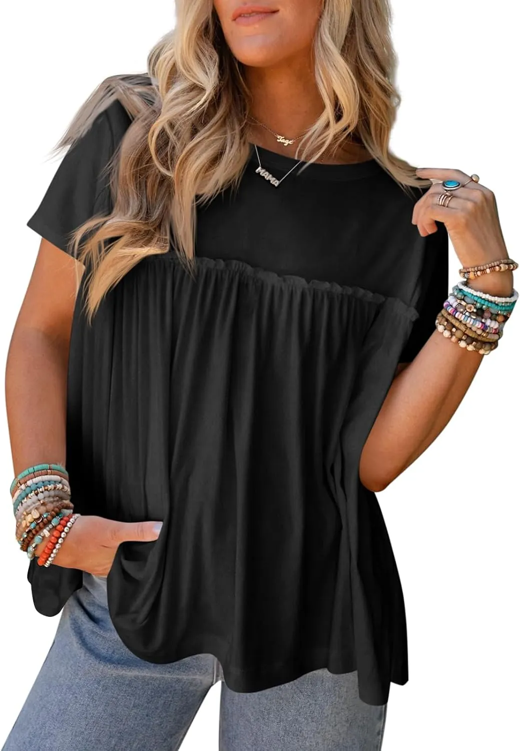 Cicy Bell Women Summer Babydoll Tops Pleated Short Sleeve Crew Neck Peplum Blouse Casual Loose Fit T Shirts
