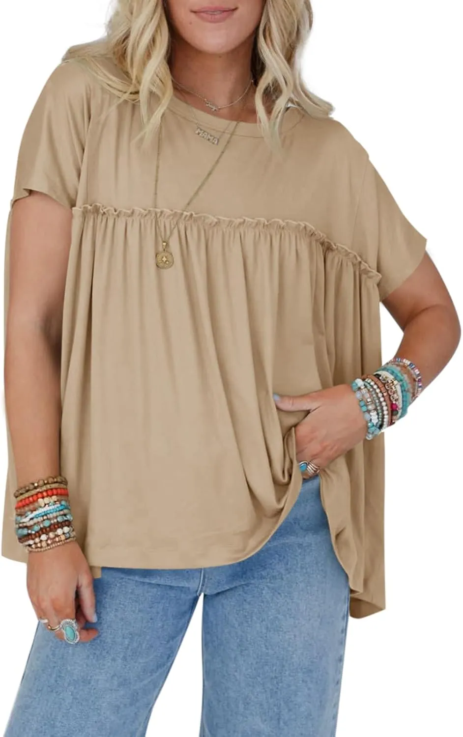 Cicy Bell Women Summer Babydoll Tops Pleated Short Sleeve Crew Neck Peplum Blouse Casual Loose Fit T Shirts