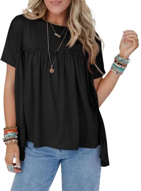 Cicy Bell Women Summer Babydoll Tops Pleated Short Sleeve Crew Neck Peplum Blouse Casual Loose Fit T Shirts