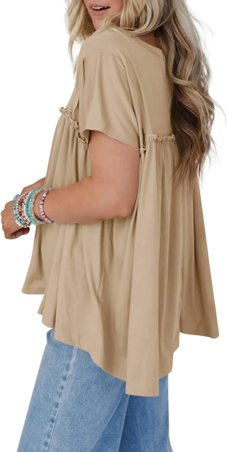 Cicy Bell Women Summer Babydoll Tops Pleated Short Sleeve Crew Neck Peplum Blouse Casual Loose Fit T Shirts