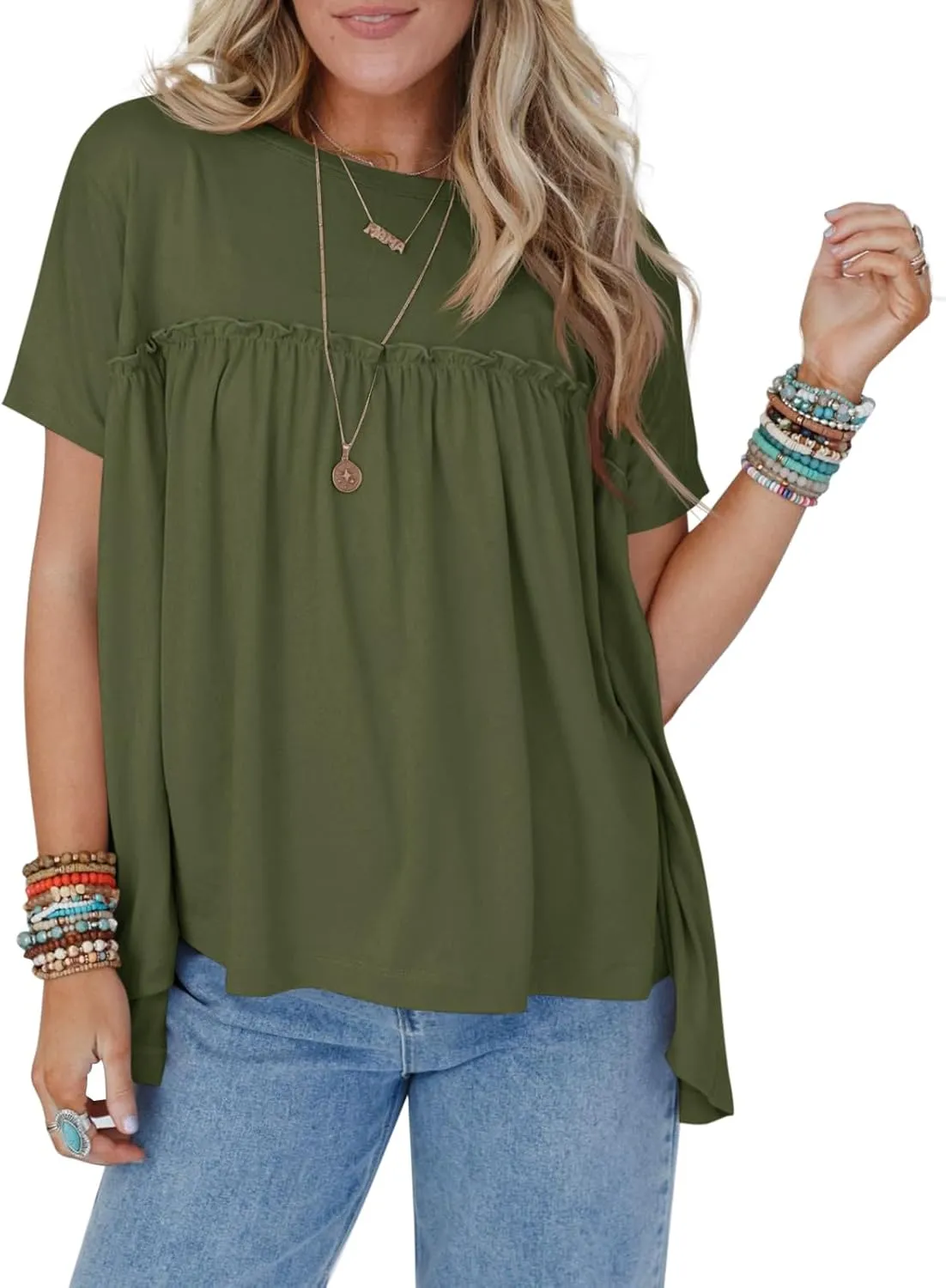 Cicy Bell Women Summer Babydoll Tops Pleated Short Sleeve Crew Neck Peplum Blouse Casual Loose Fit T Shirts