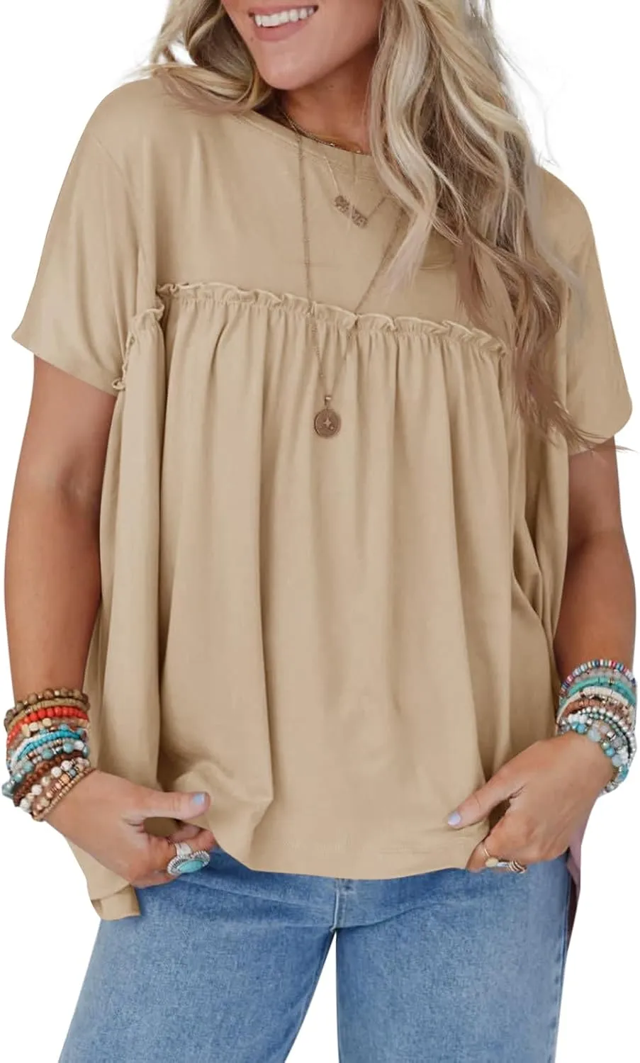 Cicy Bell Women Summer Babydoll Tops Pleated Short Sleeve Crew Neck Peplum Blouse Casual Loose Fit T Shirts