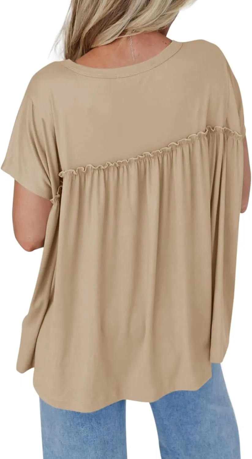 Cicy Bell Women Summer Babydoll Tops Pleated Short Sleeve Crew Neck Peplum Blouse Casual Loose Fit T Shirts