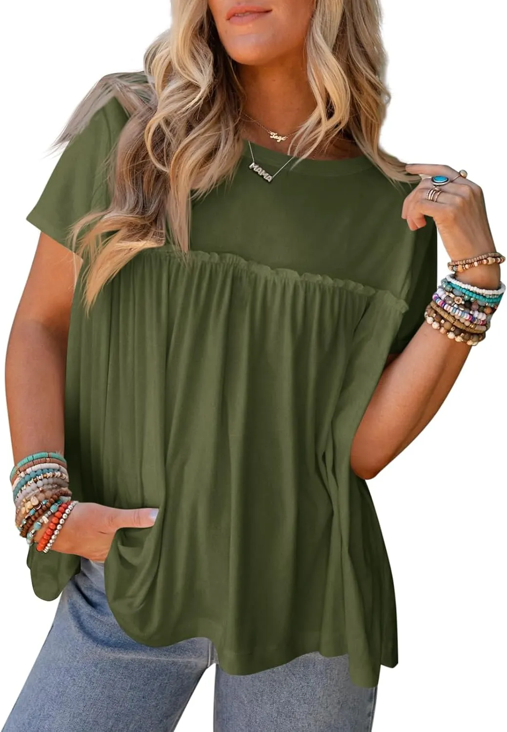 Cicy Bell Women Summer Babydoll Tops Pleated Short Sleeve Crew Neck Peplum Blouse Casual Loose Fit T Shirts