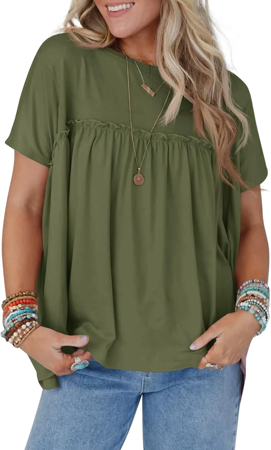 Cicy Bell Women Summer Babydoll Tops Pleated Short Sleeve Crew Neck Peplum Blouse Casual Loose Fit T Shirts