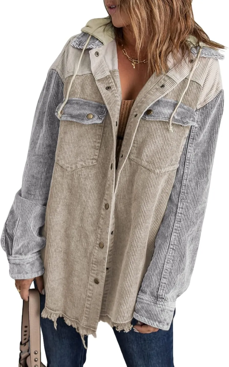 Dokotoo Womens 2024 Fall Corduroy Shacket Jacket Long Sleeve Button Down Color Block Hooded Coat with Pockets