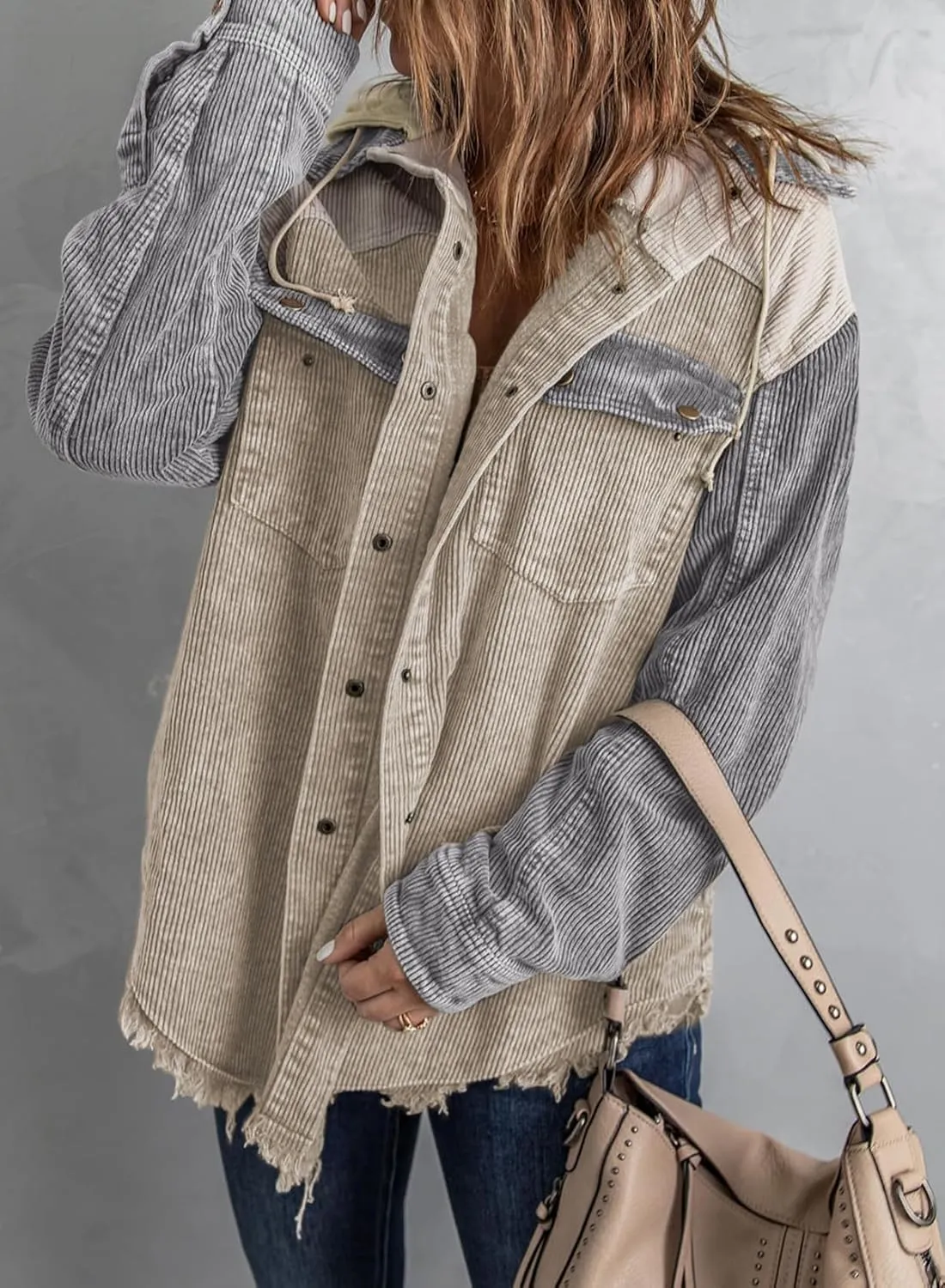 Dokotoo Womens 2024 Fall Corduroy Shacket Jacket Long Sleeve Button Down Color Block Hooded Coat with Pockets