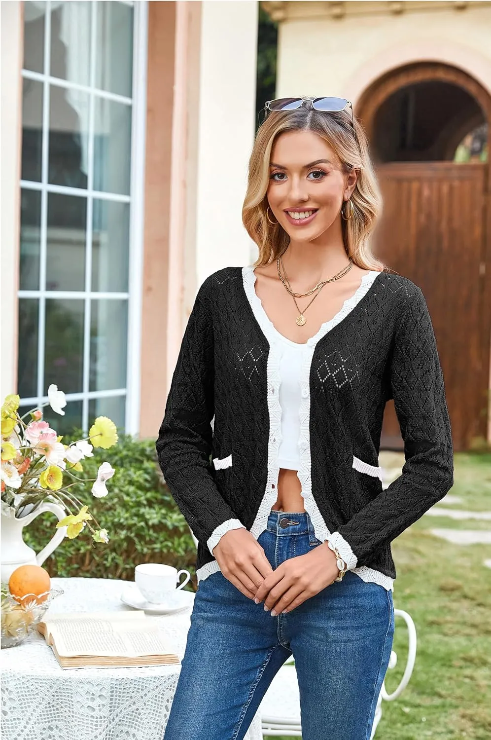 ECOWISH Women's Lightweight Sweater Cardigan - Long Sleeve V Neck Button Hollowed-Out Knit Shurg Crop Tops with Pockets
