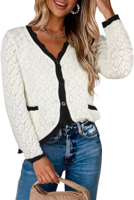 ECOWISH Women's Lightweight Sweater Cardigan - Long Sleeve V Neck Button Hollowed-Out Knit Shurg Crop Tops with Pockets