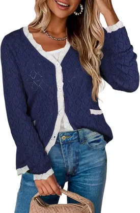 ECOWISH Women's Lightweight Sweater Cardigan - Long Sleeve V Neck Button Hollowed-Out Knit Shurg Crop Tops with Pockets
