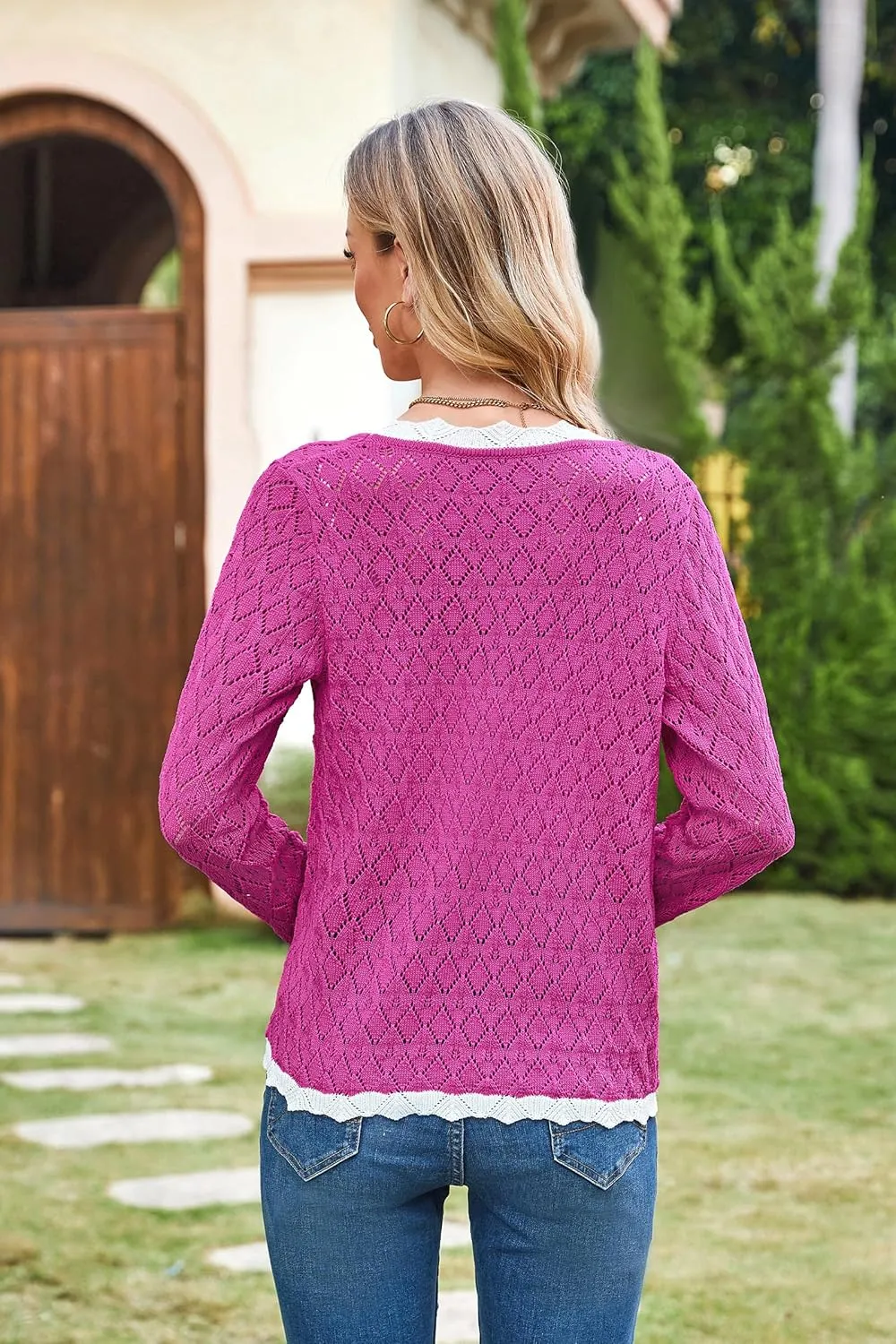 ECOWISH Women's Lightweight Sweater Cardigan - Long Sleeve V Neck Button Hollowed-Out Knit Shurg Crop Tops with Pockets