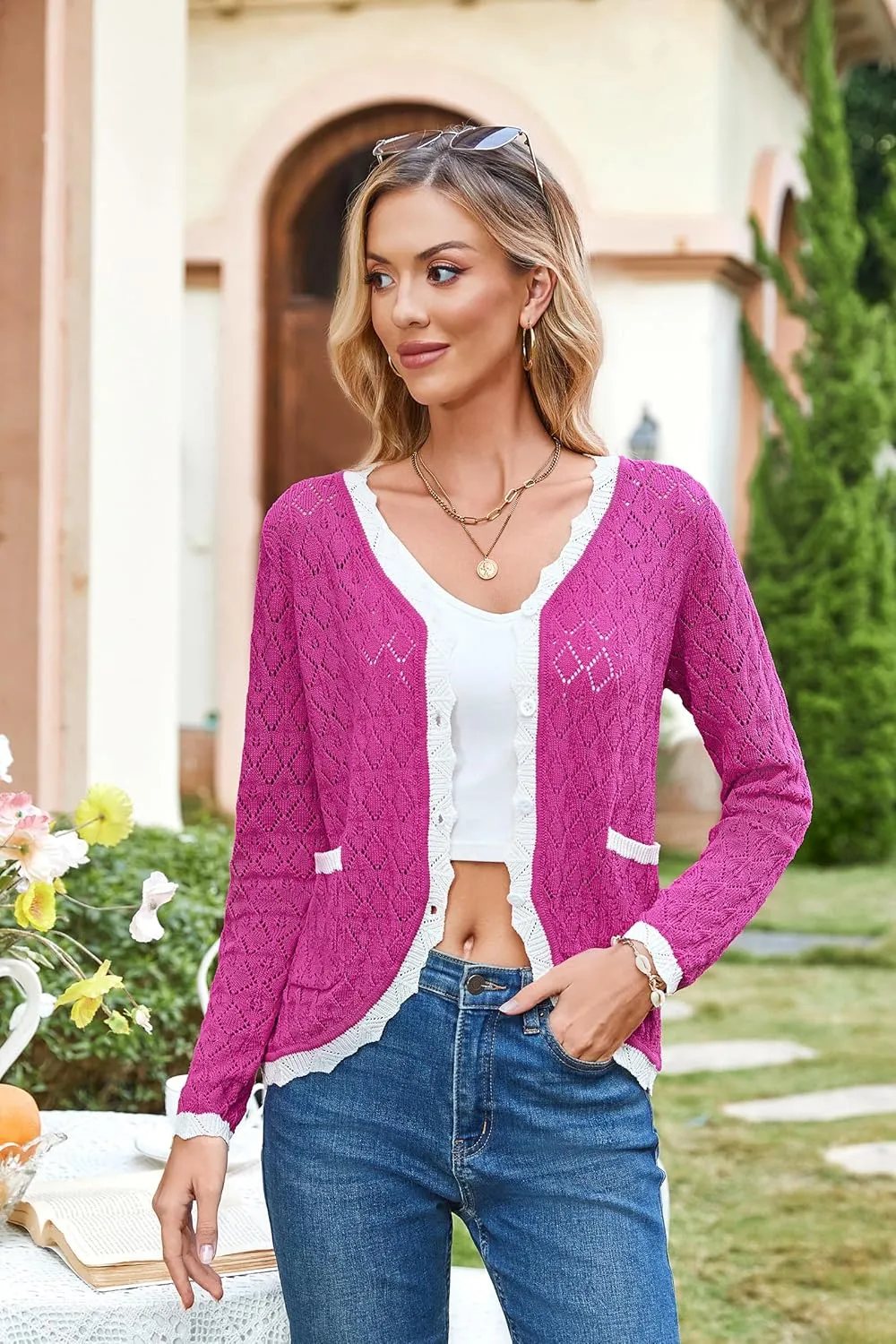 ECOWISH Women's Lightweight Sweater Cardigan - Long Sleeve V Neck Button Hollowed-Out Knit Shurg Crop Tops with Pockets