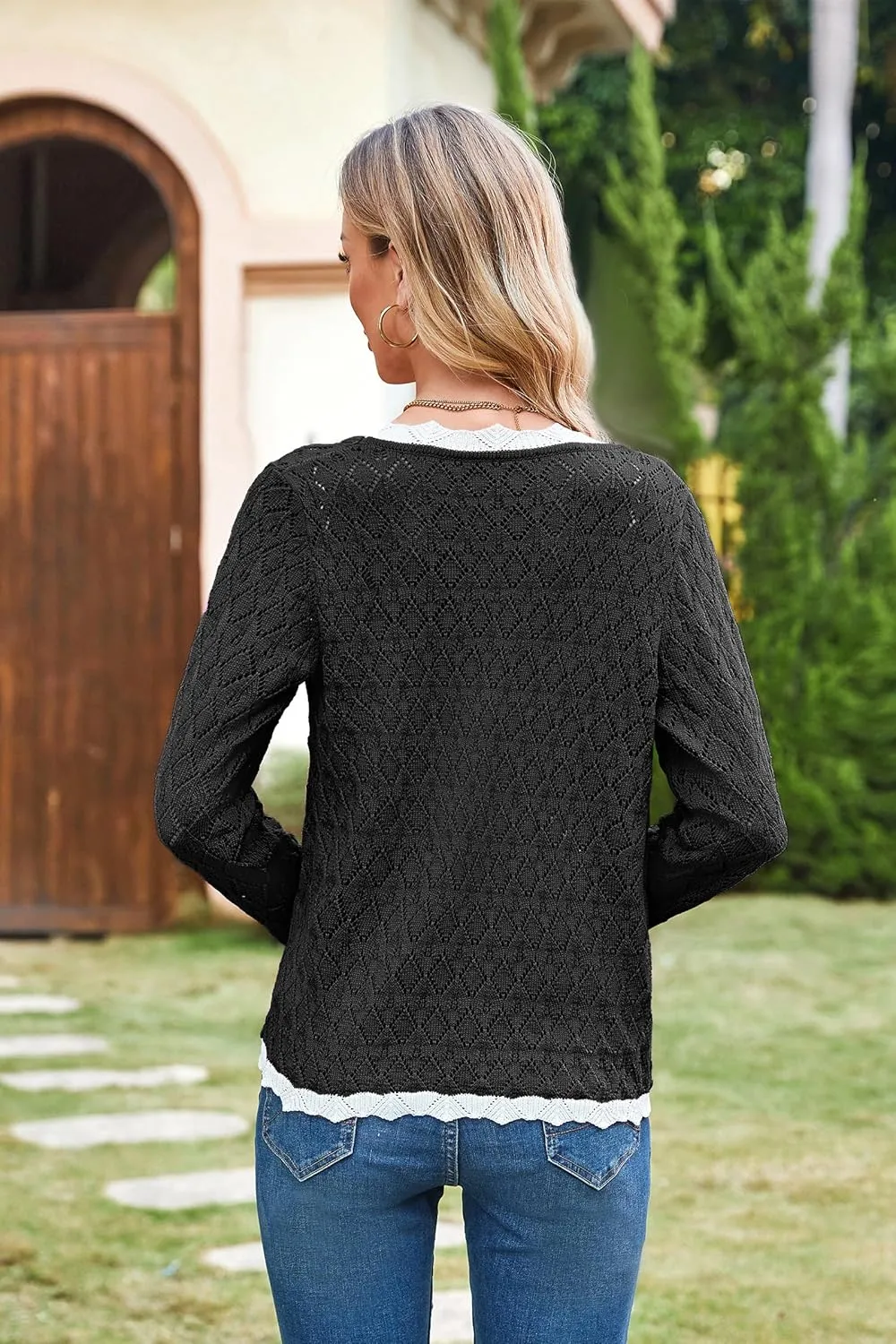 ECOWISH Women's Lightweight Sweater Cardigan - Long Sleeve V Neck Button Hollowed-Out Knit Shurg Crop Tops with Pockets