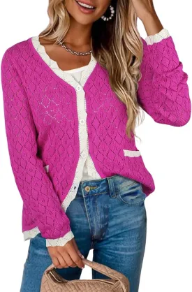 ECOWISH Women's Lightweight Sweater Cardigan - Long Sleeve V Neck Button Hollowed-Out Knit Shurg Crop Tops with Pockets