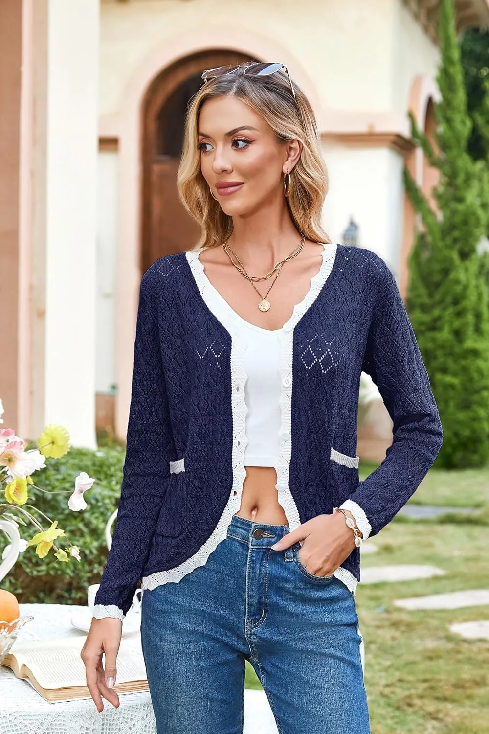 ECOWISH Women's Lightweight Sweater Cardigan - Long Sleeve V Neck Button Hollowed-Out Knit Shurg Crop Tops with Pockets