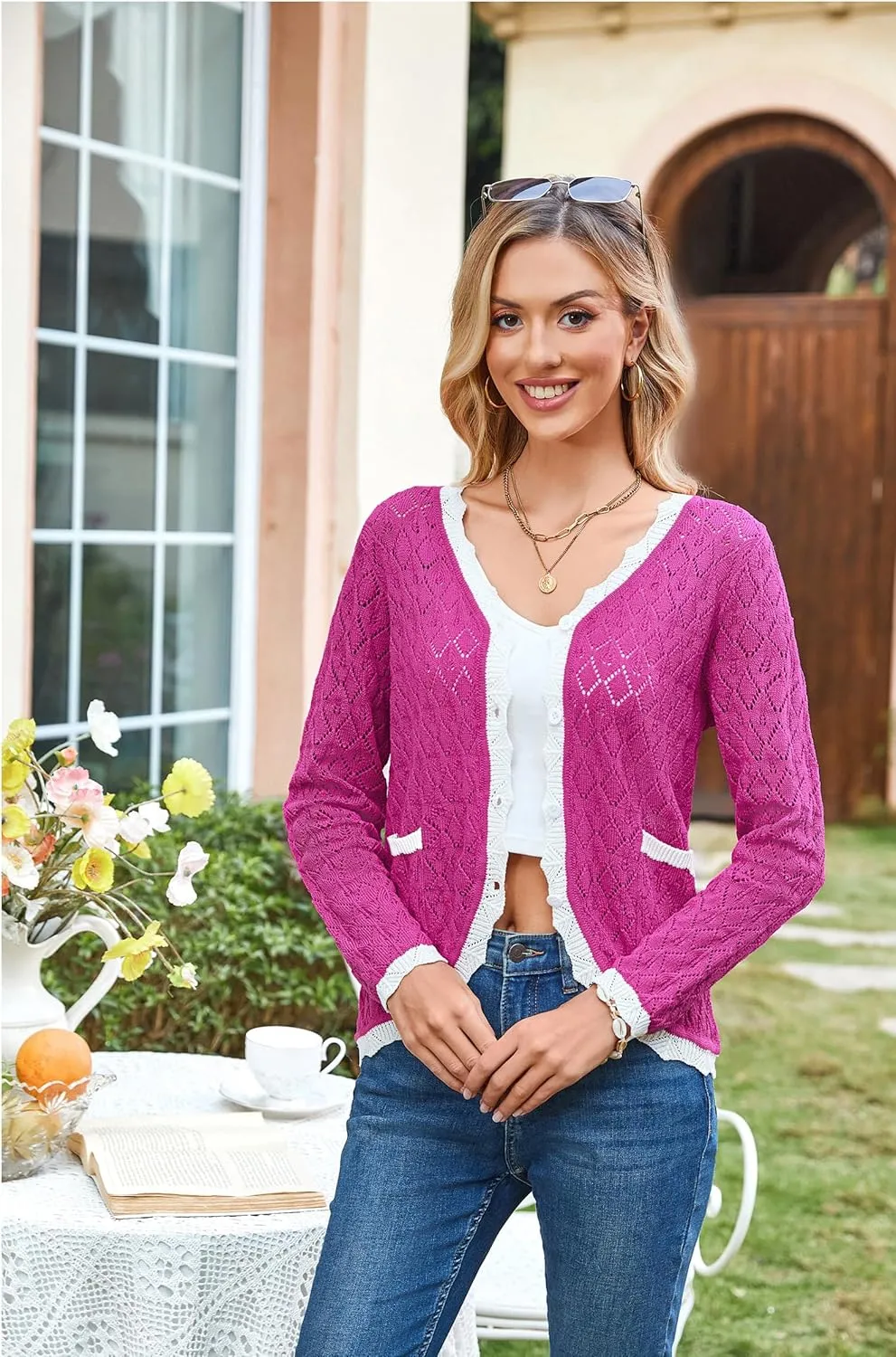 ECOWISH Women's Lightweight Sweater Cardigan - Long Sleeve V Neck Button Hollowed-Out Knit Shurg Crop Tops with Pockets