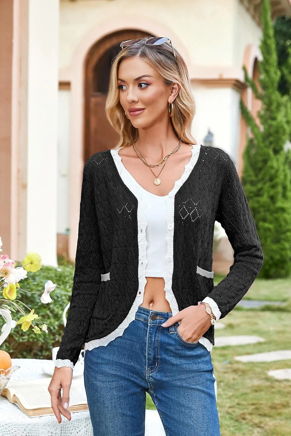 ECOWISH Women's Lightweight Sweater Cardigan - Long Sleeve V Neck Button Hollowed-Out Knit Shurg Crop Tops with Pockets