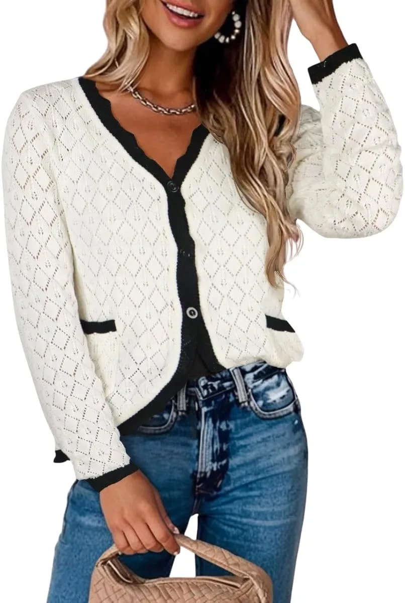 ECOWISH Women's Lightweight Sweater Cardigan - Long Sleeve V Neck Button Hollowed-Out Knit Shurg Crop Tops with Pockets