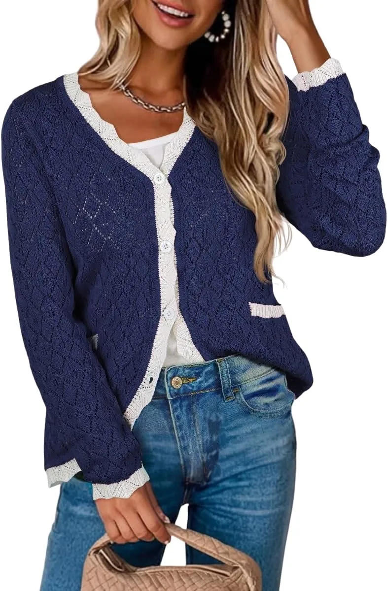 ECOWISH Women's Lightweight Sweater Cardigan - Long Sleeve V Neck Button Hollowed-Out Knit Shurg Crop Tops with Pockets