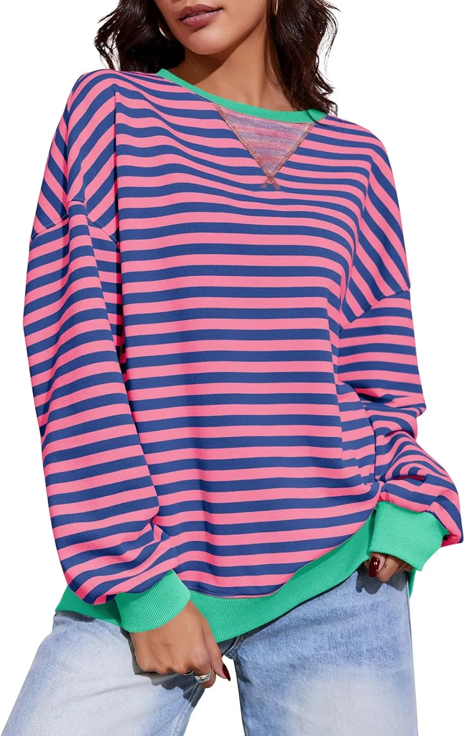 Fisoew Womens Striped Oversized Sweatshirt Color Block Crew Neck Long Sleeve Shirt Casual Loose Pullover Top Y2K Clothes