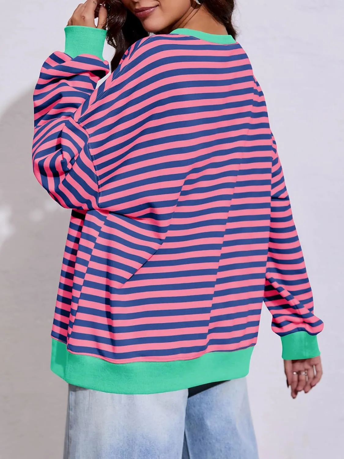 Fisoew Womens Striped Oversized Sweatshirt Color Block Crew Neck Long Sleeve Shirt Casual Loose Pullover Top Y2K Clothes