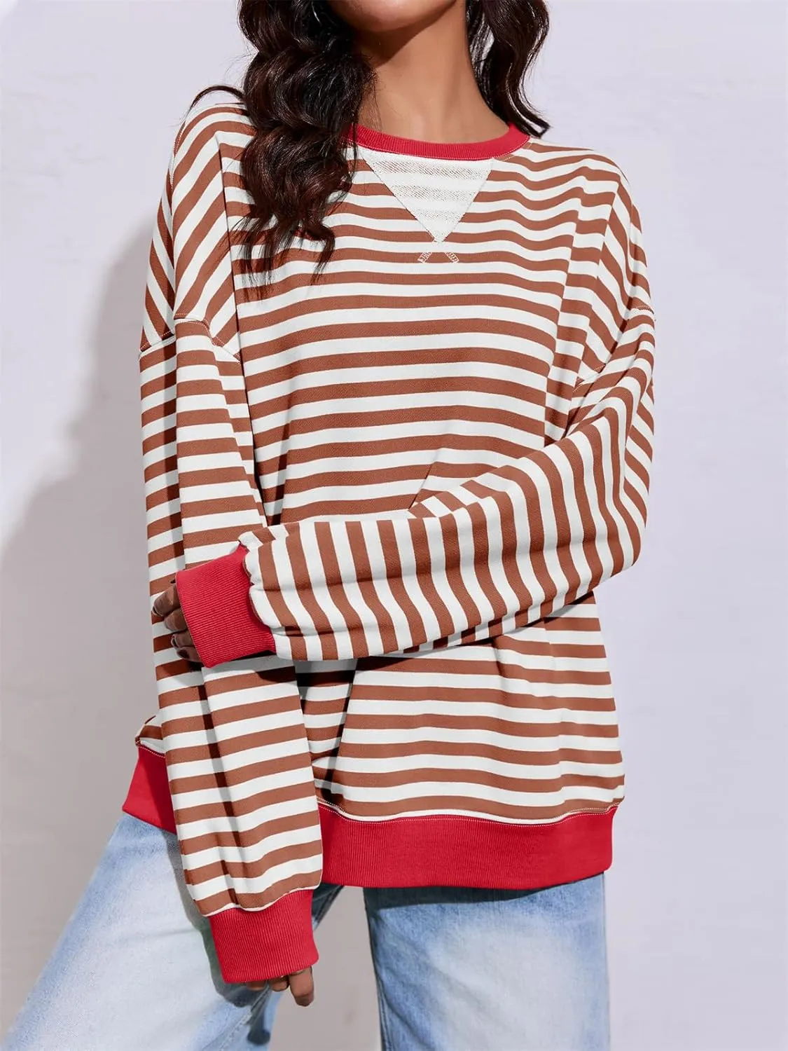 Fisoew Womens Striped Oversized Sweatshirt Color Block Crew Neck Long Sleeve Shirt Casual Loose Pullover Top Y2K Clothes