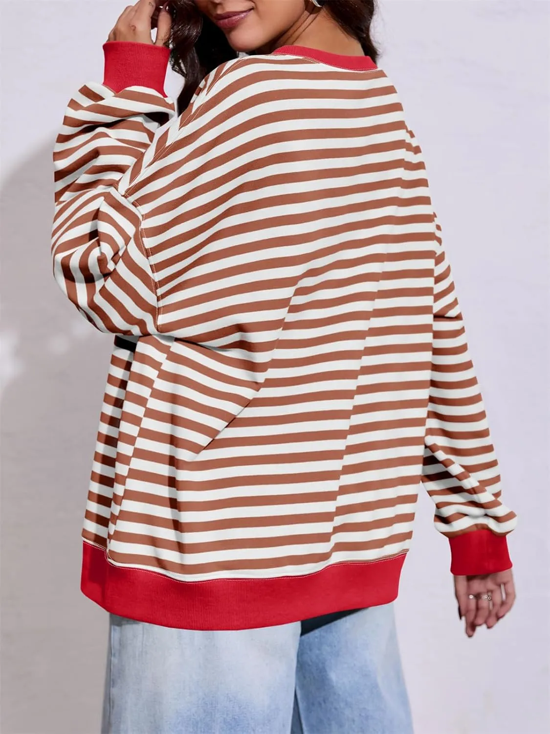 Fisoew Womens Striped Oversized Sweatshirt Color Block Crew Neck Long Sleeve Shirt Casual Loose Pullover Top Y2K Clothes