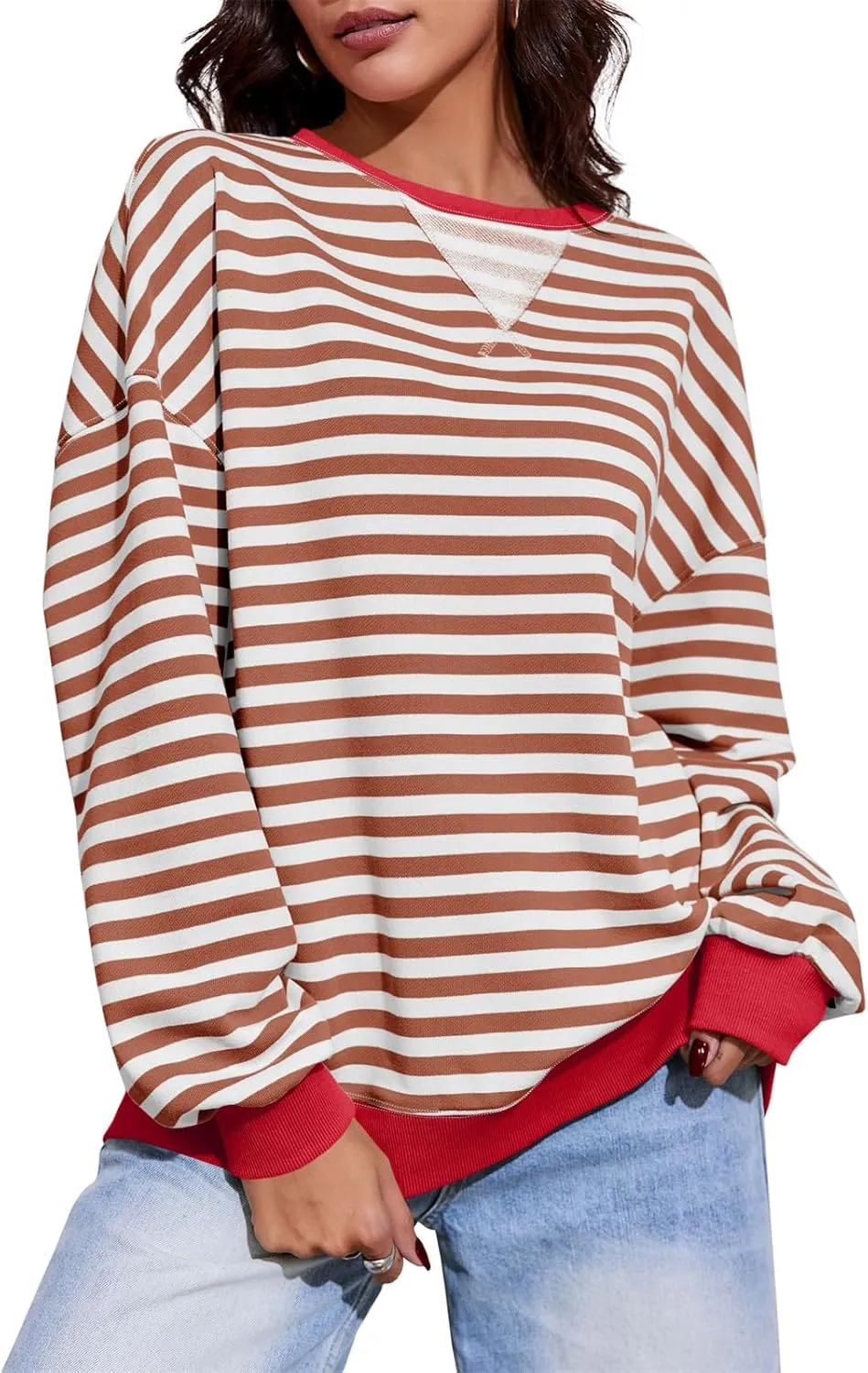 Fisoew Womens Striped Oversized Sweatshirt Color Block Crew Neck Long Sleeve Shirt Casual Loose Pullover Top Y2K Clothes