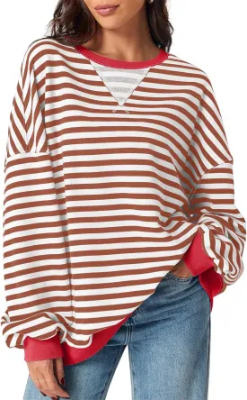 Fisoew Womens Striped Oversized Sweatshirt Color Block Crew Neck Long Sleeve Shirt Casual Loose Pullover Top Y2K Clothes