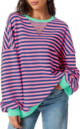 Fisoew Womens Striped Oversized Sweatshirt Color Block Crew Neck Long Sleeve Shirt Casual Loose Pullover Top Y2K Clothes