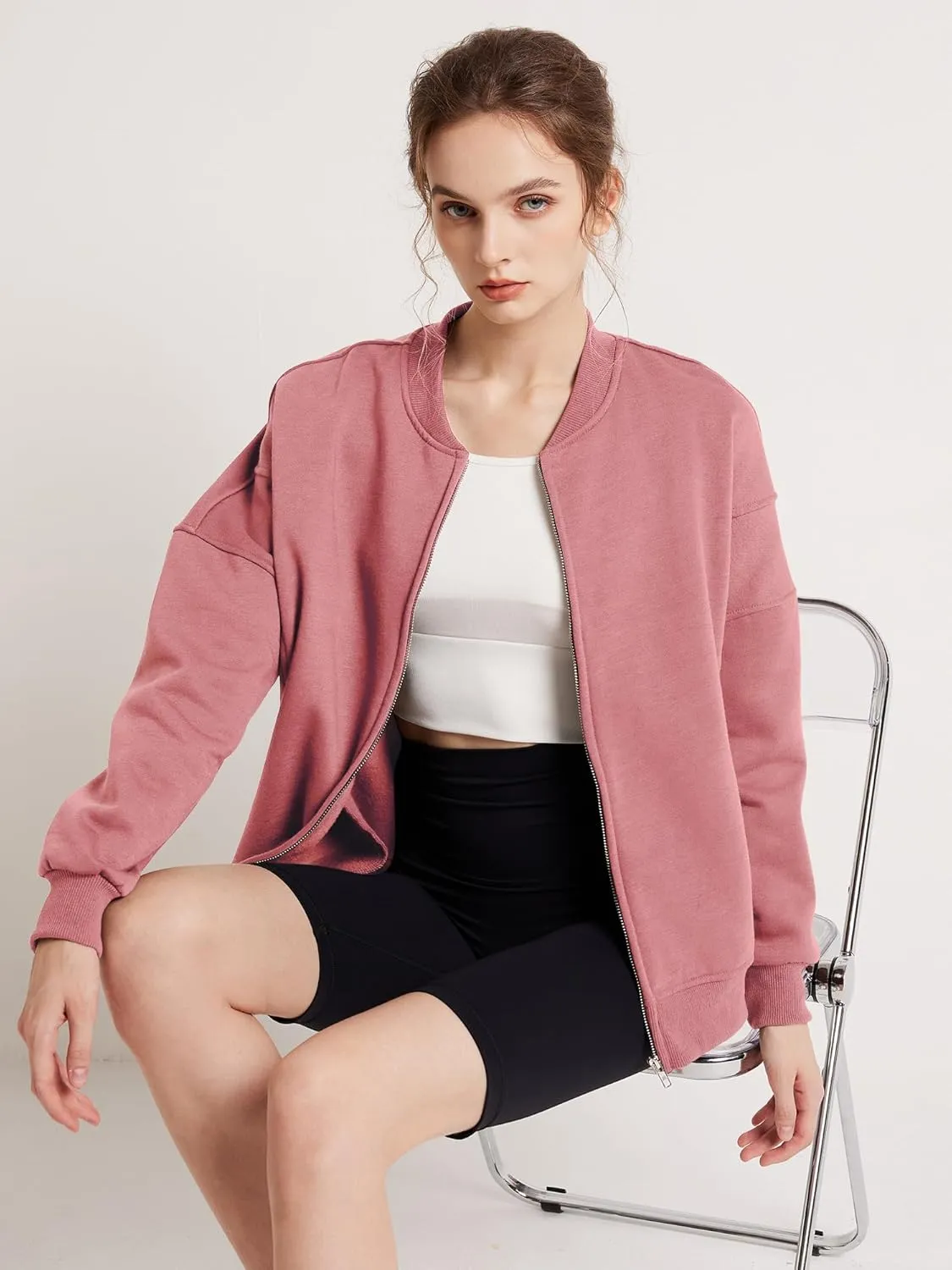 GEMLON Sweatshirt for Women Full Zip Up Casual Coats Long Sleeve Loose Fit Fleece Jacket with Pockets