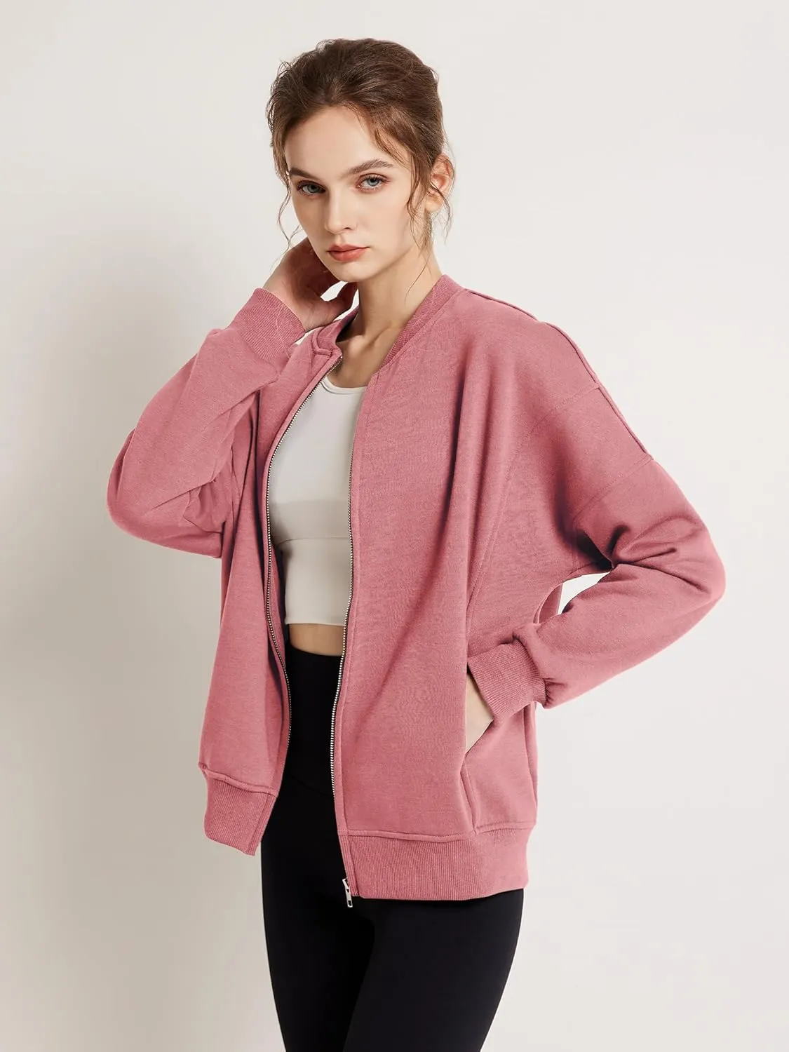 GEMLON Sweatshirt for Women Full Zip Up Casual Coats Long Sleeve Loose Fit Fleece Jacket with Pockets