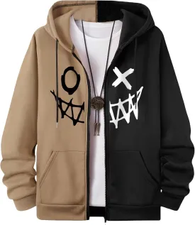 GORGLITTER Men's Color Block Long Sleeve Zip Up Hoodie Cartoon Graphic Drawstring Hooded Sweatshirt Tops