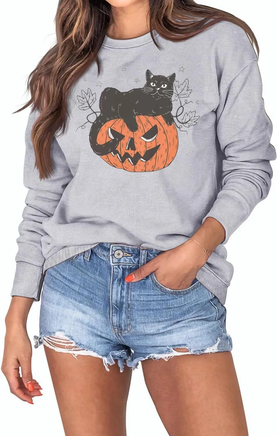 Halloween Sweatshirts Women Fall Pumpkin Spooky Season Sweatshirt Holiday Crew Neck Pullover Tops