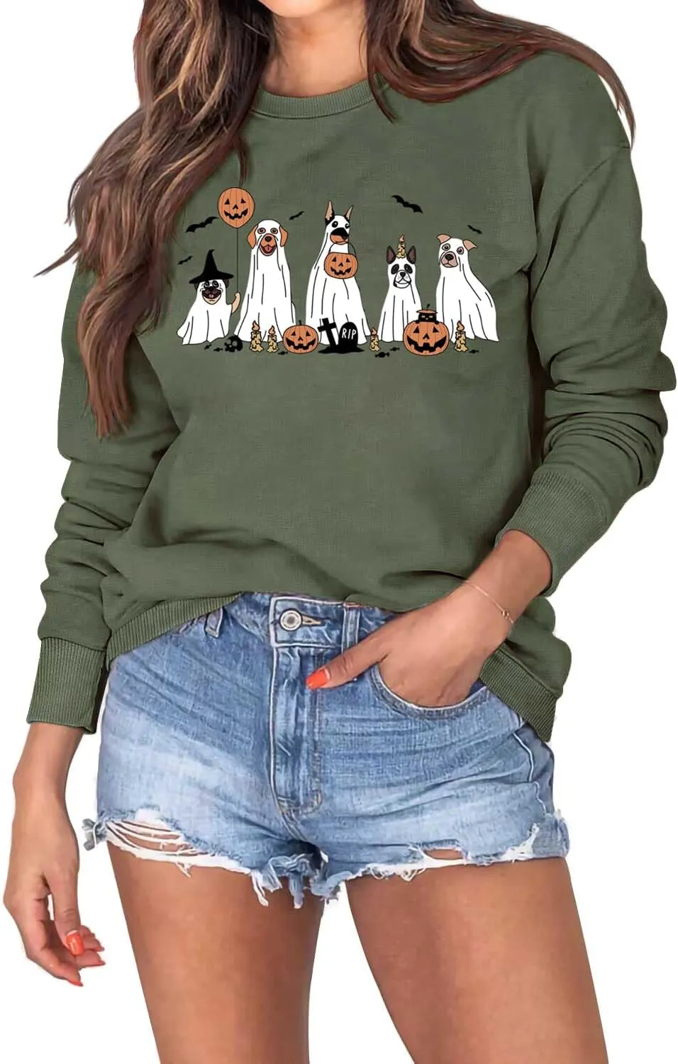 Halloween Sweatshirts Women Fall Pumpkin Spooky Season Sweatshirt Holiday Crew Neck Pullover Tops