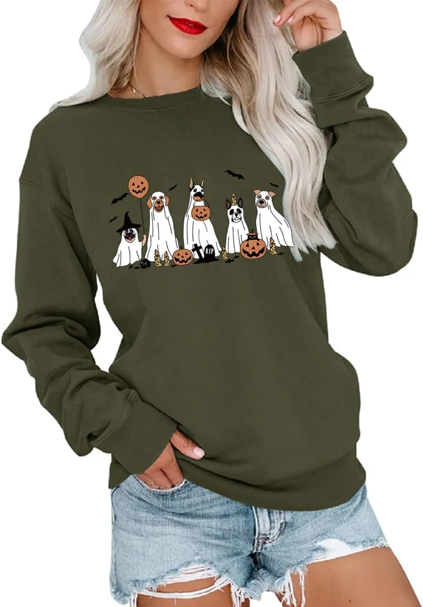 Halloween Sweatshirts Women Fall Pumpkin Spooky Season Sweatshirt Holiday Crew Neck Pullover Tops