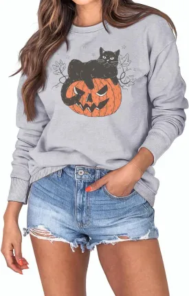 Halloween Sweatshirts Women Fall Pumpkin Spooky Season Sweatshirt Holiday Crew Neck Pullover Tops