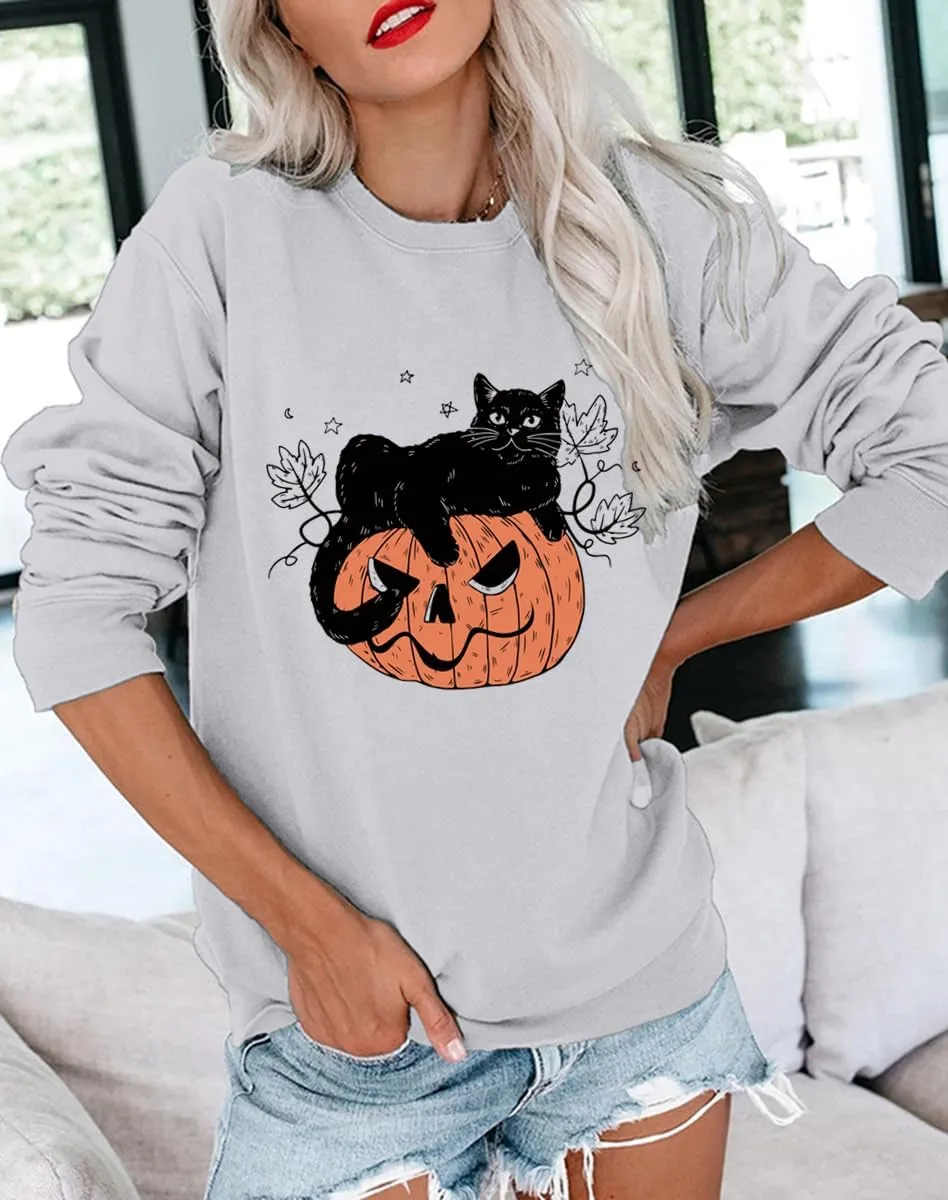 Halloween Sweatshirts Women Fall Pumpkin Spooky Season Sweatshirt Holiday Crew Neck Pullover Tops